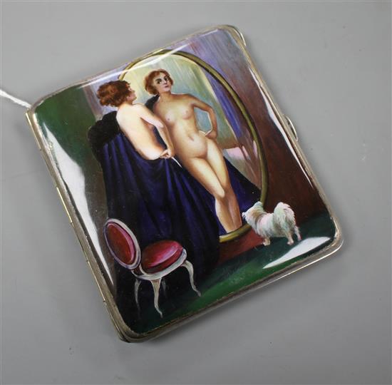 A Continental silver plated cigarette case, c.1900, the lid enamelled with naked female figure in front of a mirror, gilt interior, 8.5